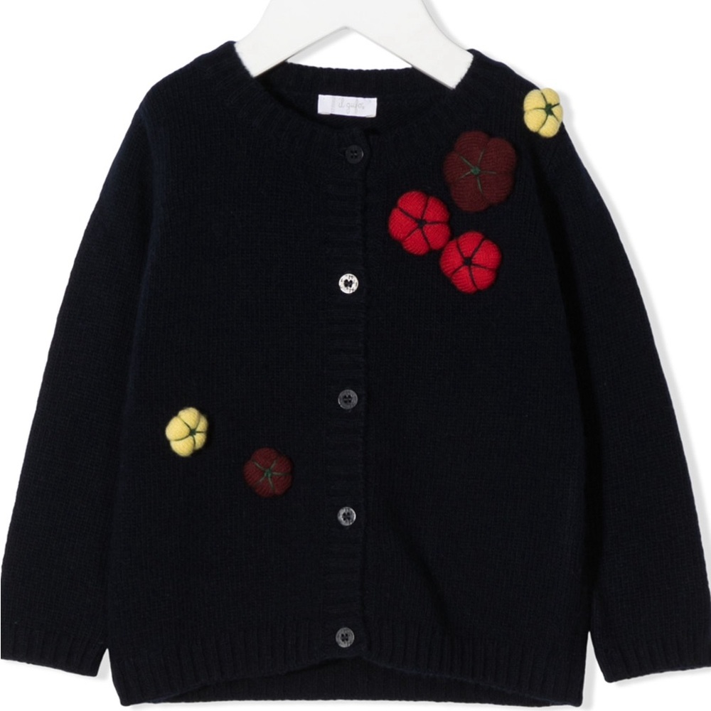 IL GUFO - Designer Navy Wool Cardigan with Embroidered Flowers